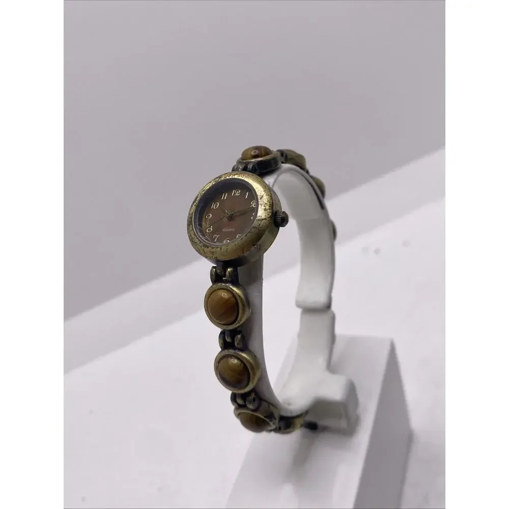Vintage Brass Tone Tiger Eye Womens Watch New Battery